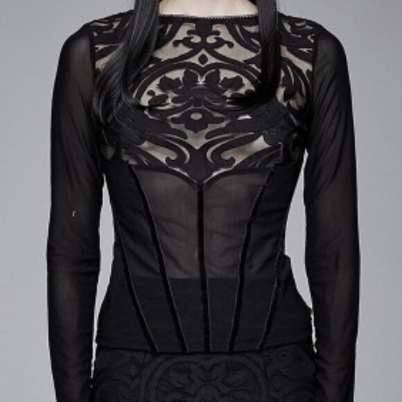 Devil Fashion Gothic Damask black sheer & velvet long sleeve top - Picture 2 of 12